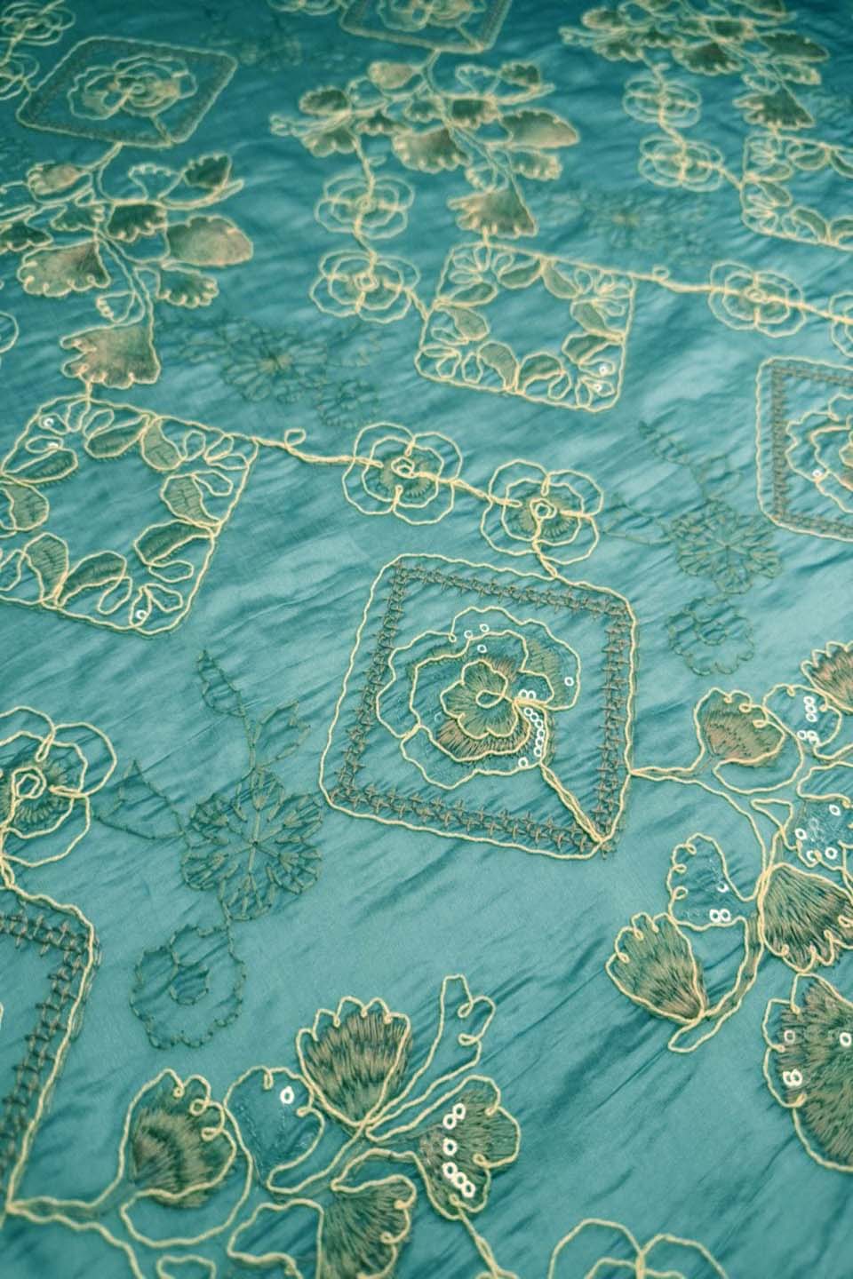 Silver Mist – Sequin-Embroidery Chikan Kari on Steel Blue Paper Silk.Shirt