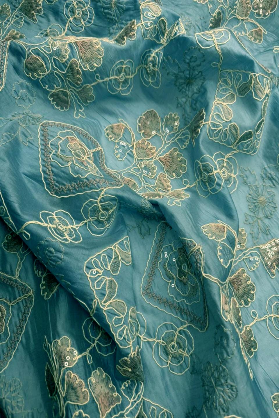 Silver Mist – Sequin-Embroidery Chikan Kari on Steel Blue Paper Silk.Shirt