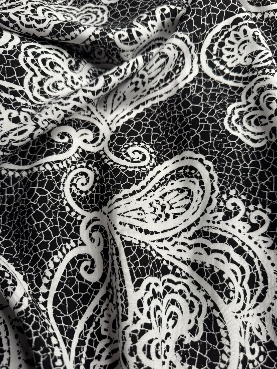 Premium Stone Linen Lace Paisley & Crackle Print Jet Black - 2 Piece Suit For Women