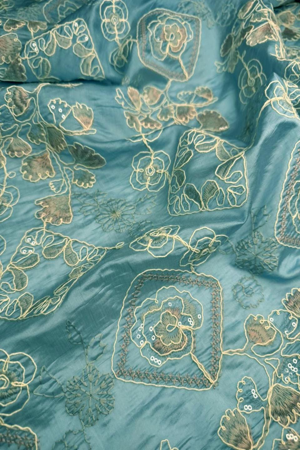Silver Mist – Sequin-Embroidery Chikan Kari on Steel Blue Paper Silk.Shirt