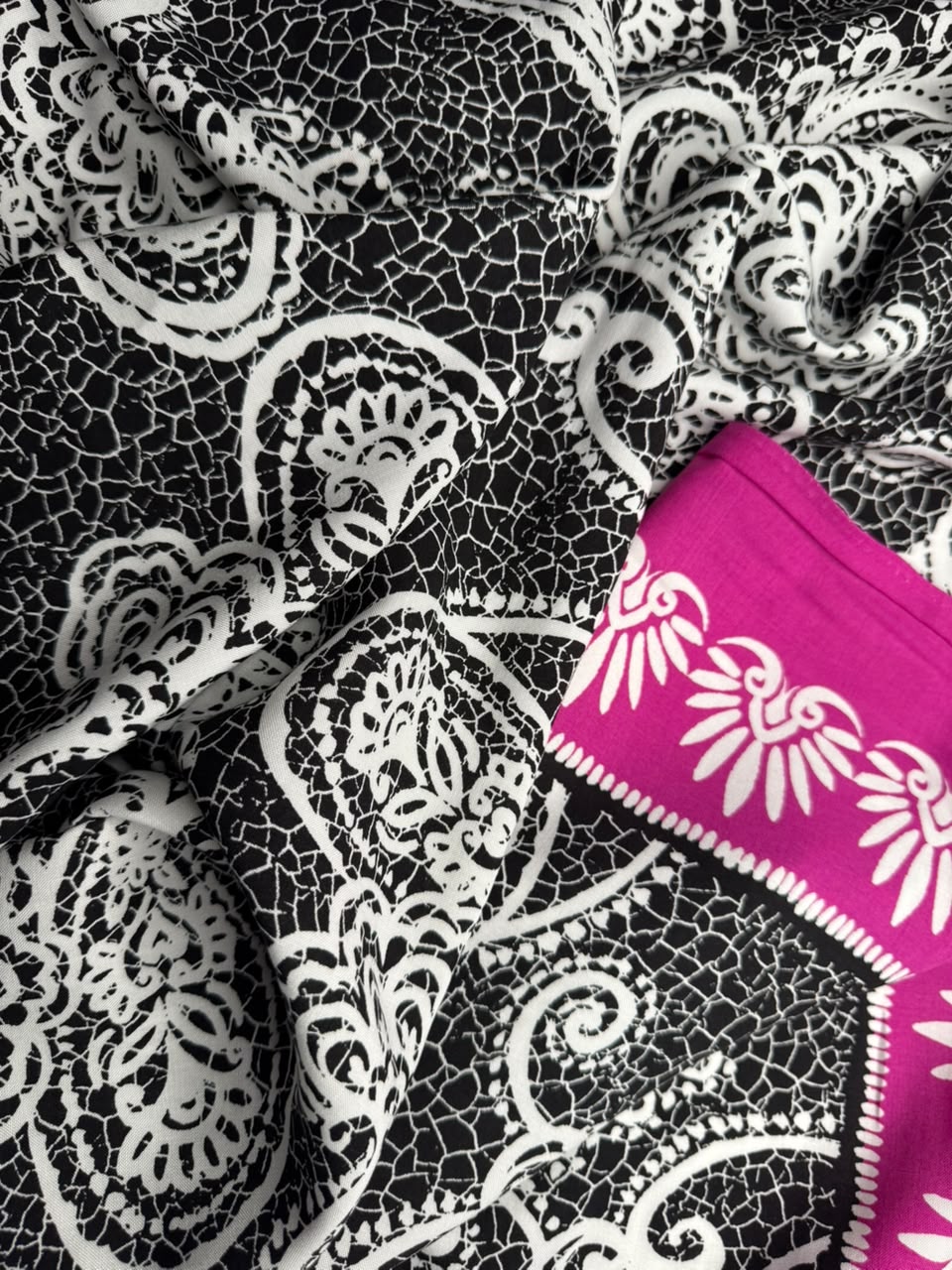 Premium Stone Linen Lace Paisley & Crackle Print Jet Black - 2 Piece Suit For Women
