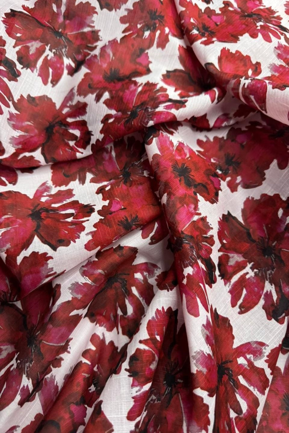 Close-up of red floral fabric pattern on white background