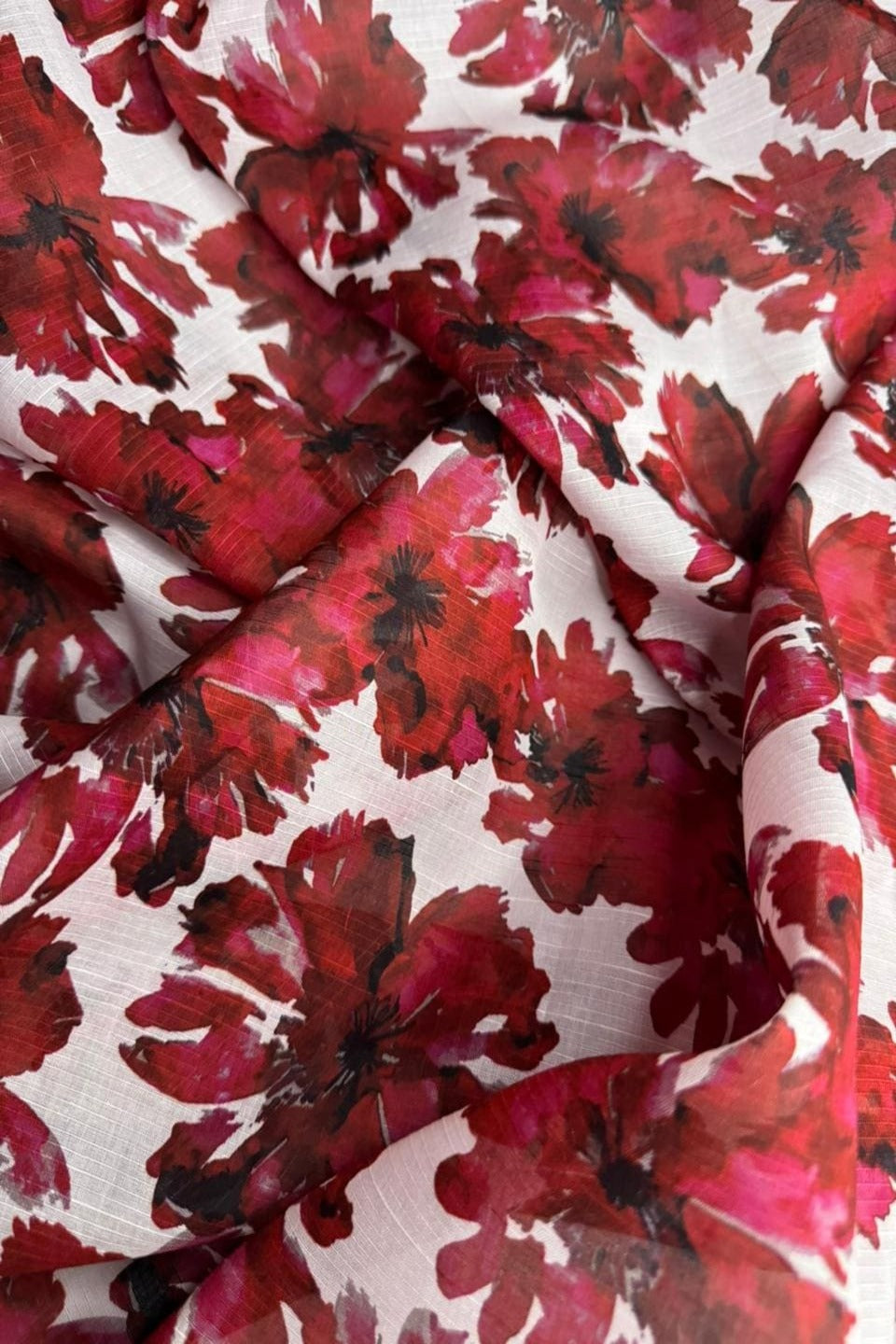 Close-up of red floral fabric pattern on a white background