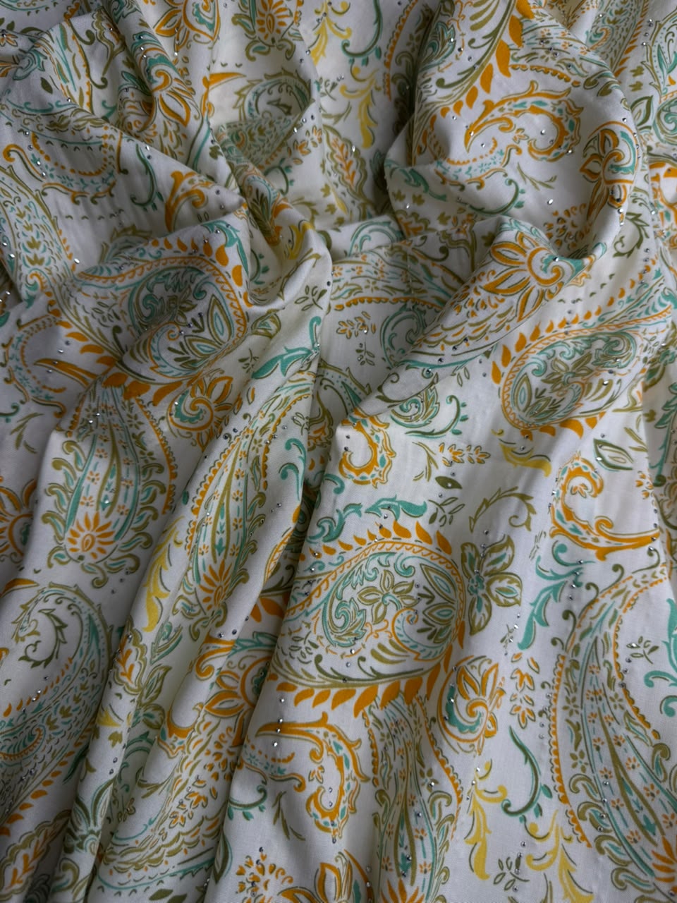 Diamond Linen Paisley Motif Print Sea Green & Gold - 2 Piece Suit For Women