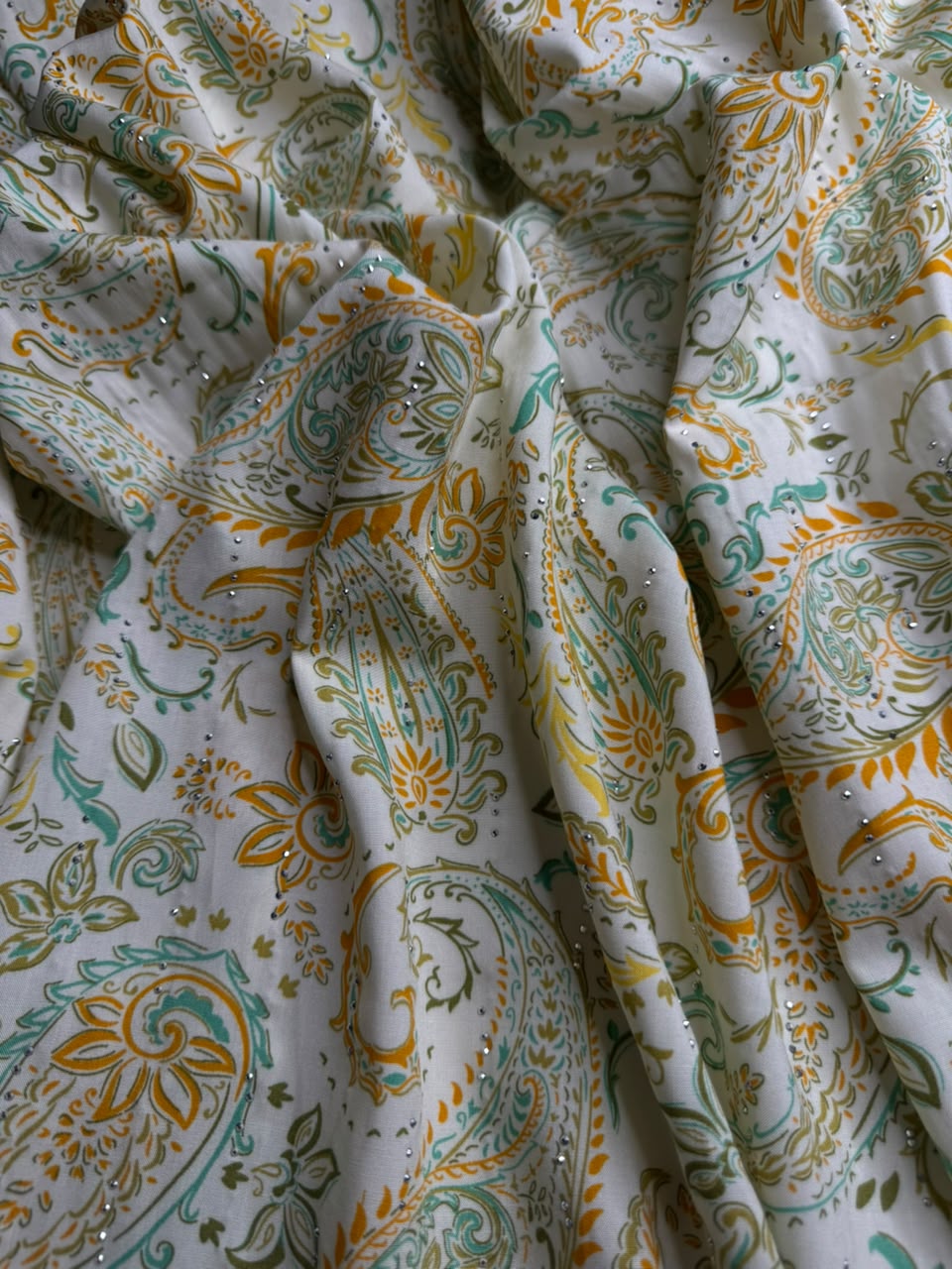 Diamond Linen Paisley Motif Print Sea Green & Gold - 2 Piece Suit For Women