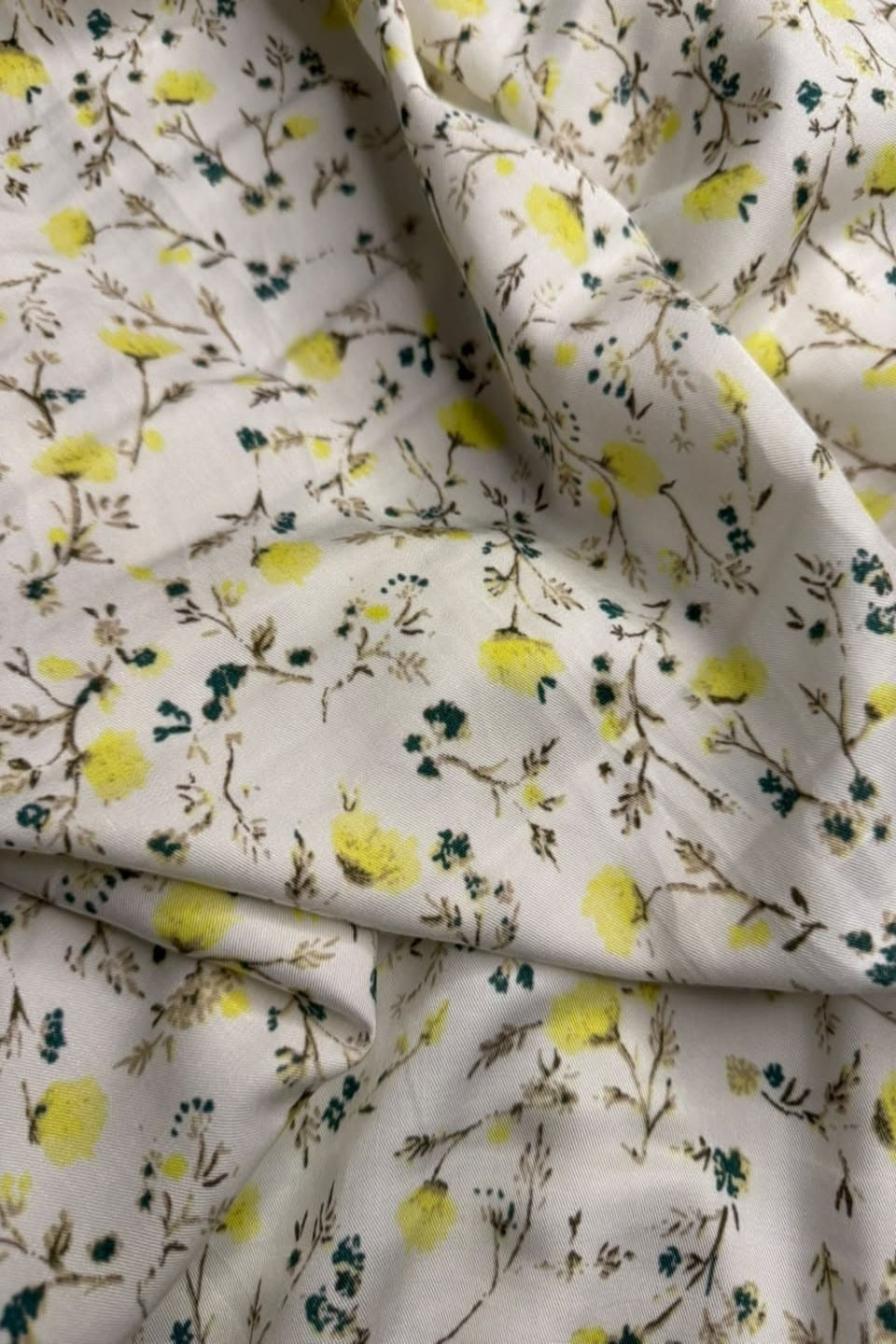 Marina Elaris - Off-White & Lemon Yellow Floral Vine Printed 2 Piece Unstitched Suit