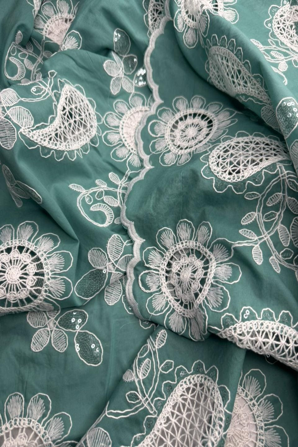 Luxury Schiffli Floral Cut-work Chicken kari – Embroidered Summer Series (Deep Seafoam)