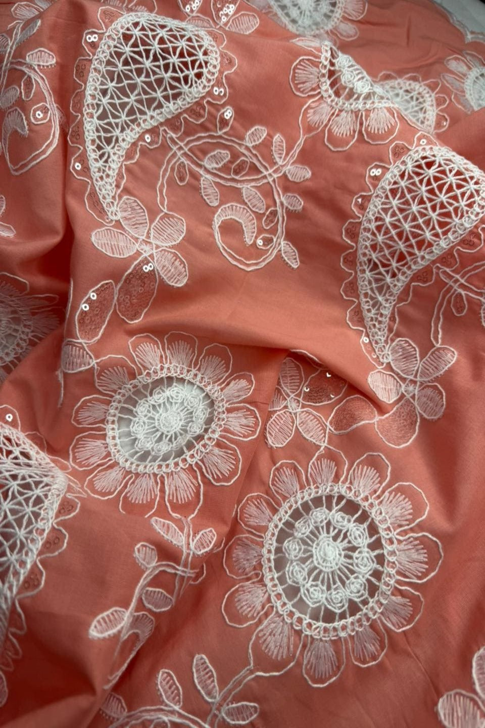 Luxury Schiffli Floral Cut-work Chicken kari – Embroidered Summer Series Coral Peach