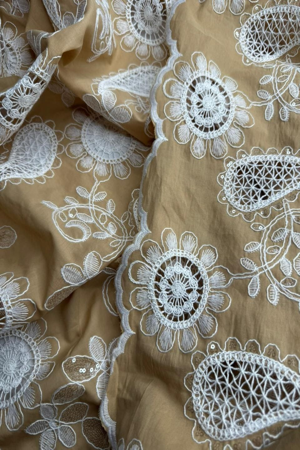 Luxury Schiffli Floral Cut-work Chicken kari – Embroidered Summer Series GOLDEN CAMEL