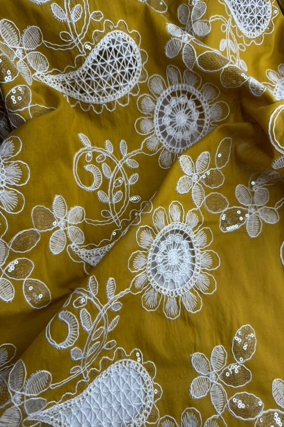 Luxury Schiffli Floral Cut-work Chicken kari – Embroidered Summer Series Mustard Yellow