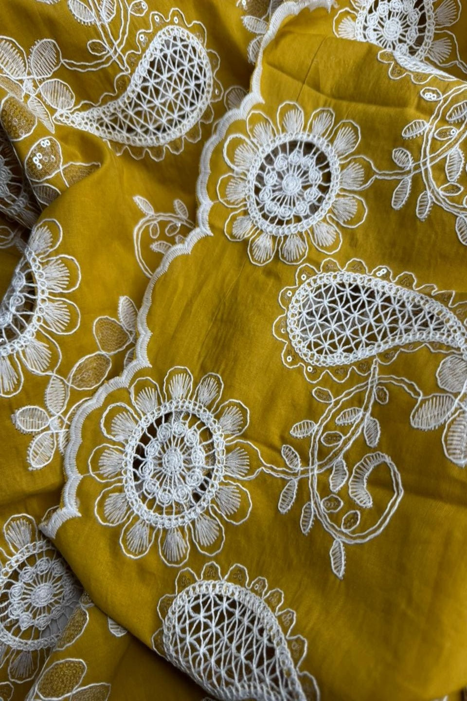 Luxury Schiffli Floral Cut-work Chicken kari – Embroidered Summer Series Mustard Yellow