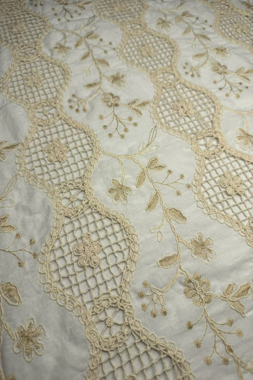 Close-up of intricate lace fabric with floral patterns on a light background