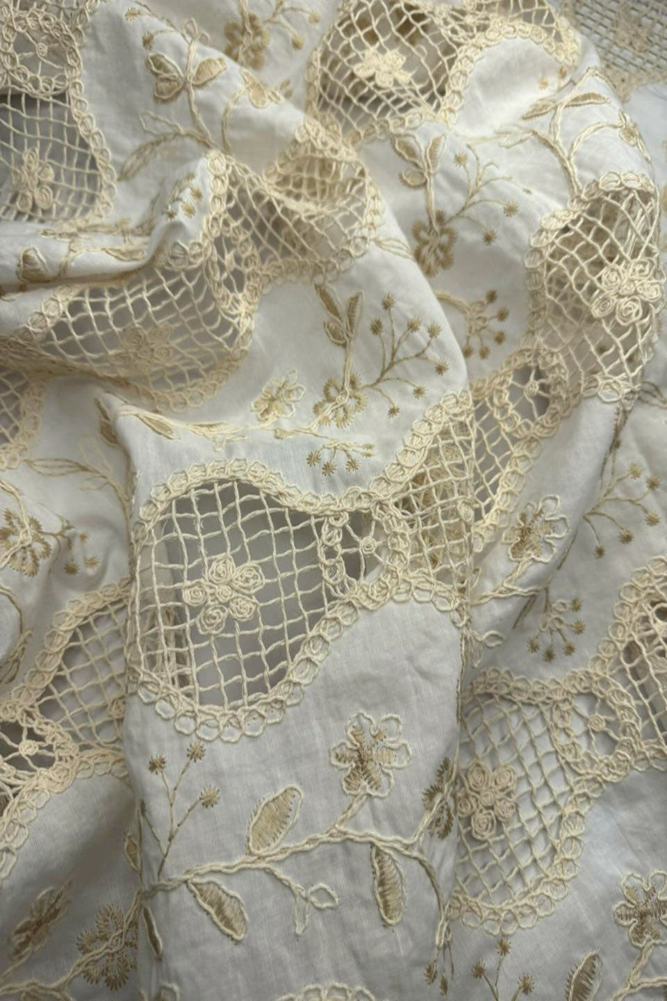 Close-up of intricate lace fabric with floral patterns