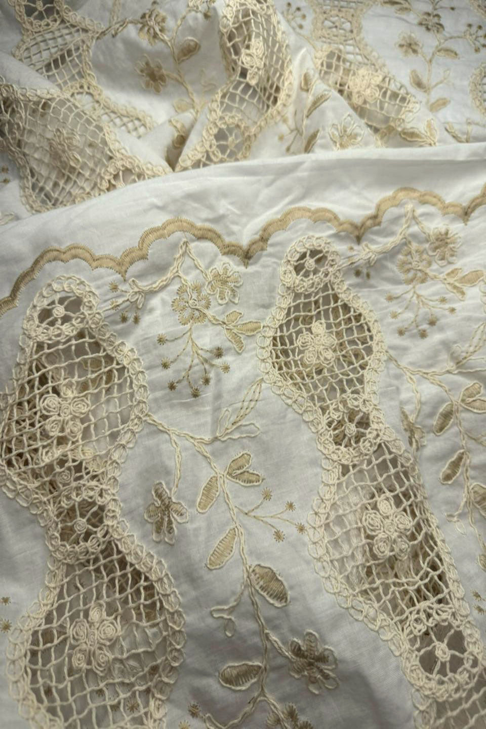 Close-up of intricate lace fabric with floral patterns on a white background
