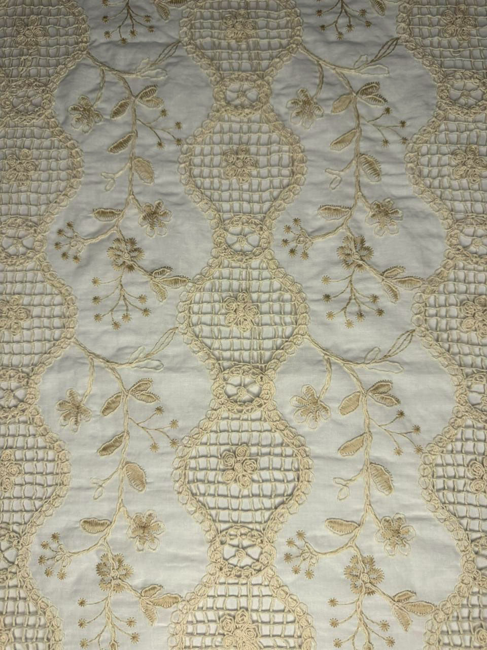 Close-up of intricate embroidered fabric with floral patterns on a textured background