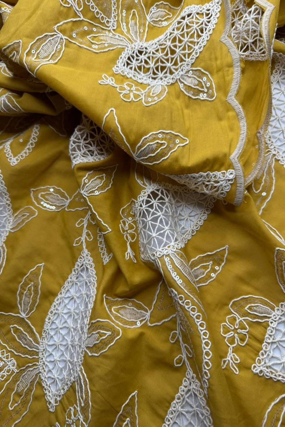 Exquisite Chikankari Lawn – Hand-Crafted Floral Patterns with Sequin Work Mustard