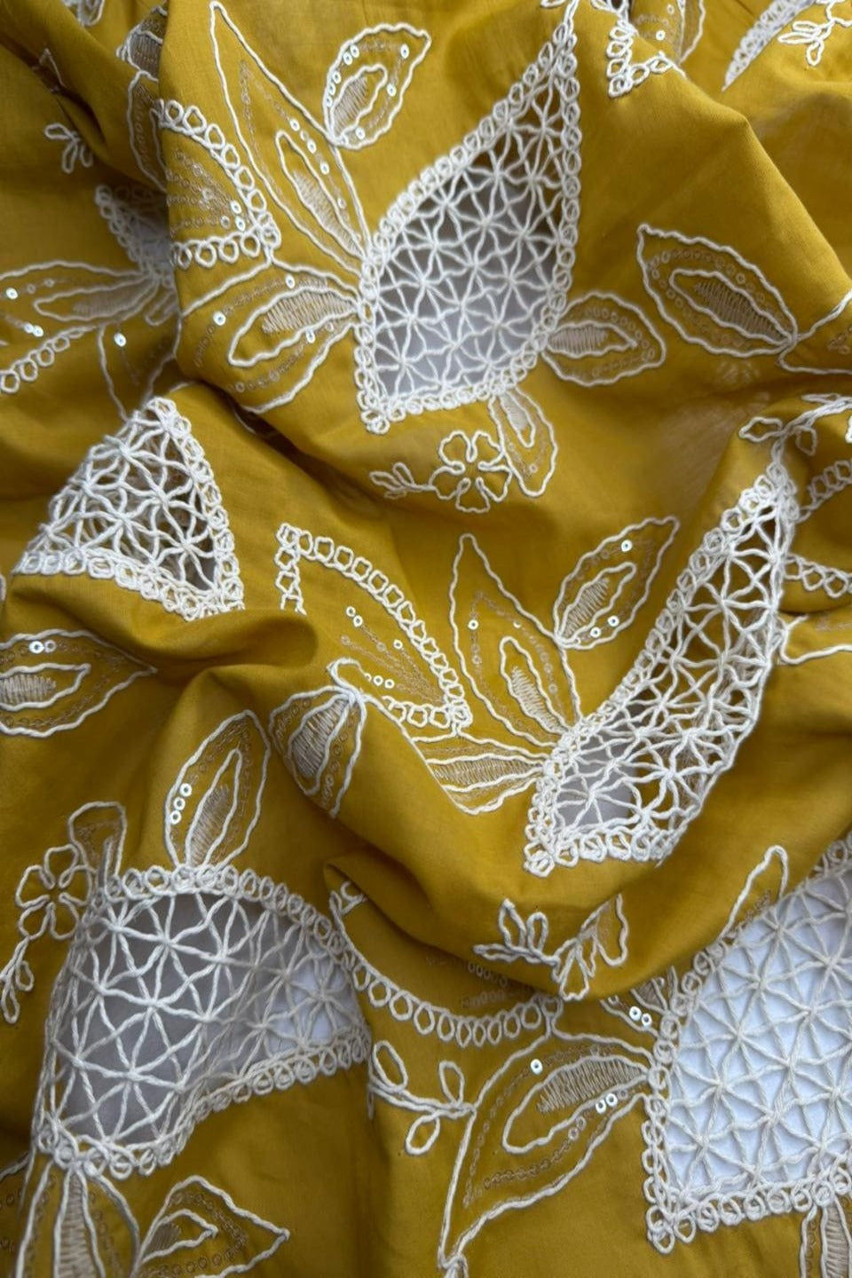 Exquisite Chikankari Lawn – Hand-Crafted Floral Patterns with Sequin Work Mustard