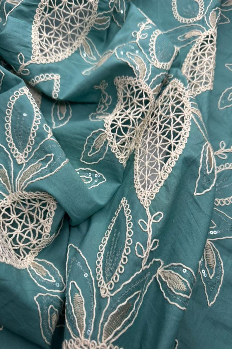 Exquisite Chikankari Lawn – Hand-Crafted Floral Patterns with Sequin Work Deep Seafoam