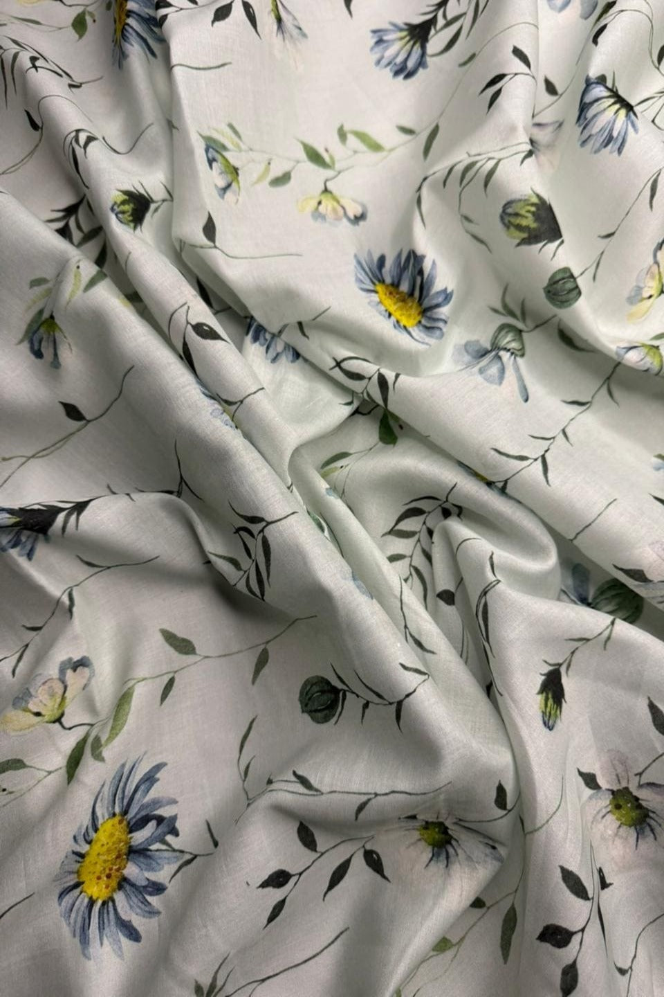Floral fabric with blue and yellow flowers on a white background