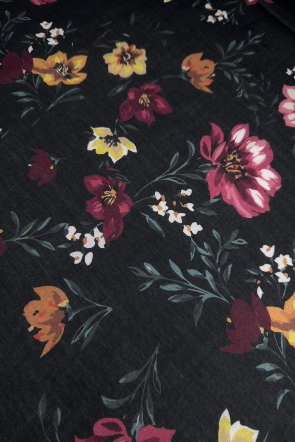 Floral pattern on black fabric with colorful flowers