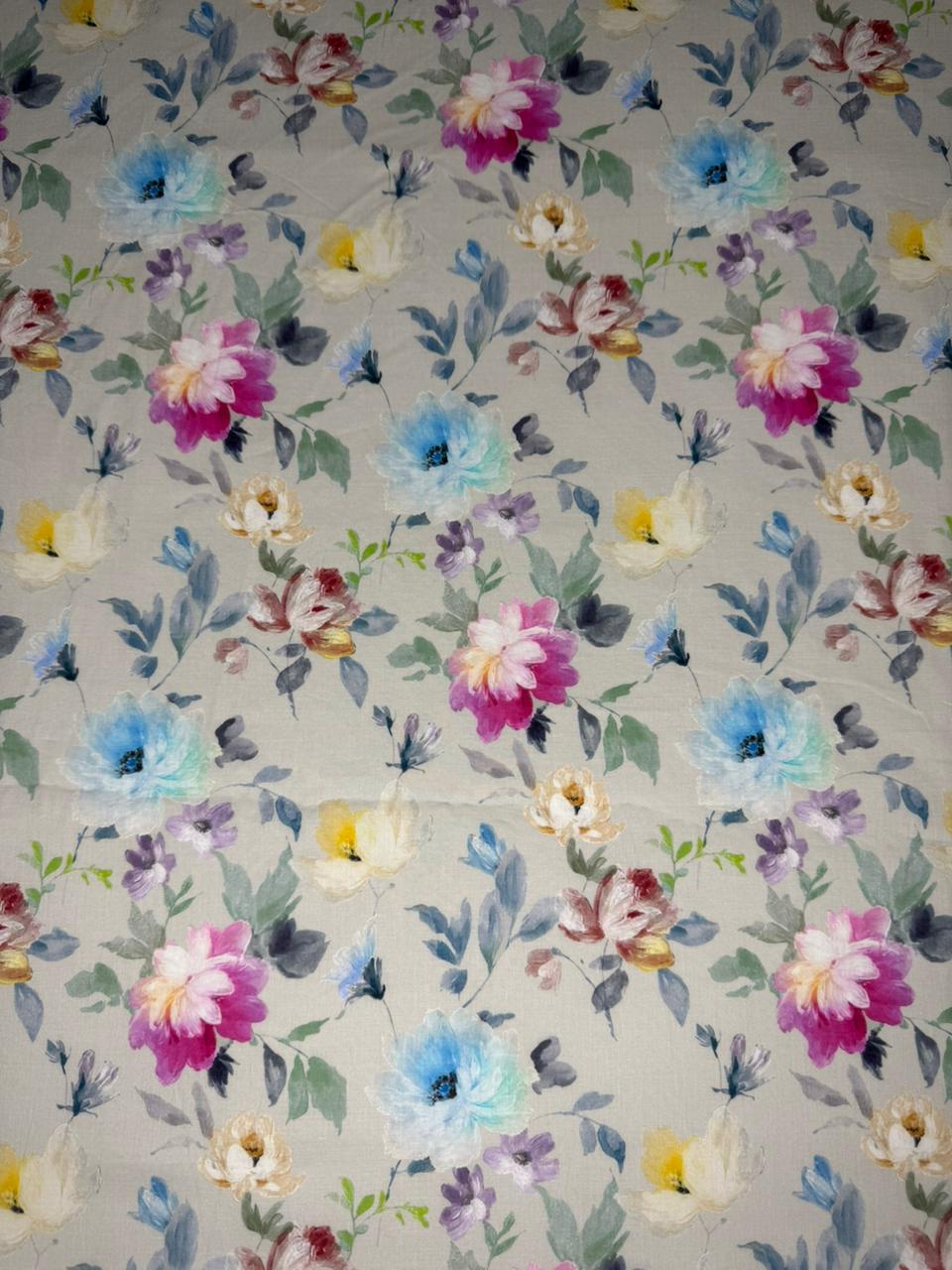 Floral patterned fabric with colorful flowers on a gray background
