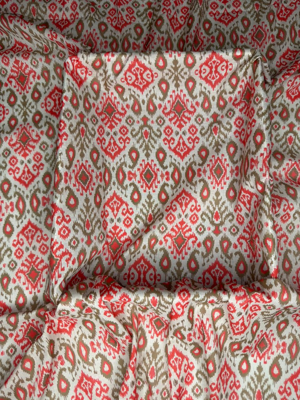 Fabric with red and beige geometric pattern