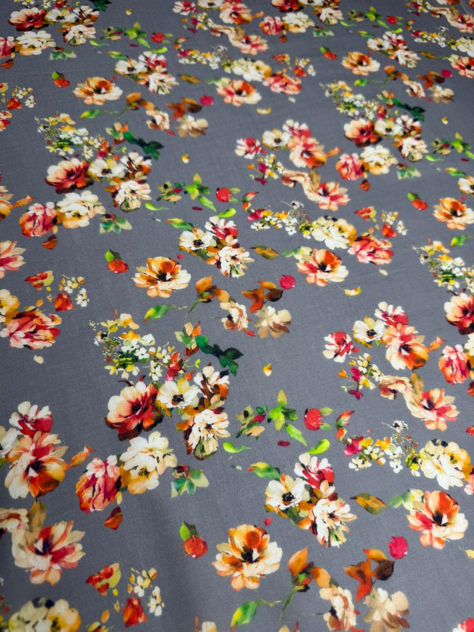 Floral pattern fabric with colorful flowers on a gray background