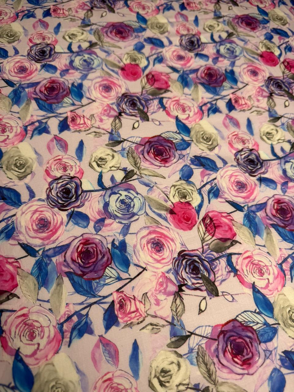 Floral pattern with pink, purple, and blue flowers on a white background