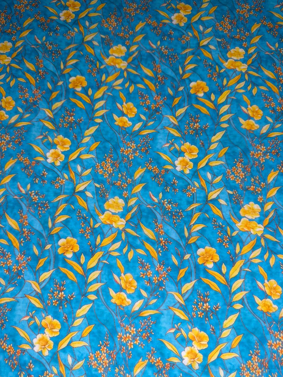 Blue fabric with yellow floral pattern