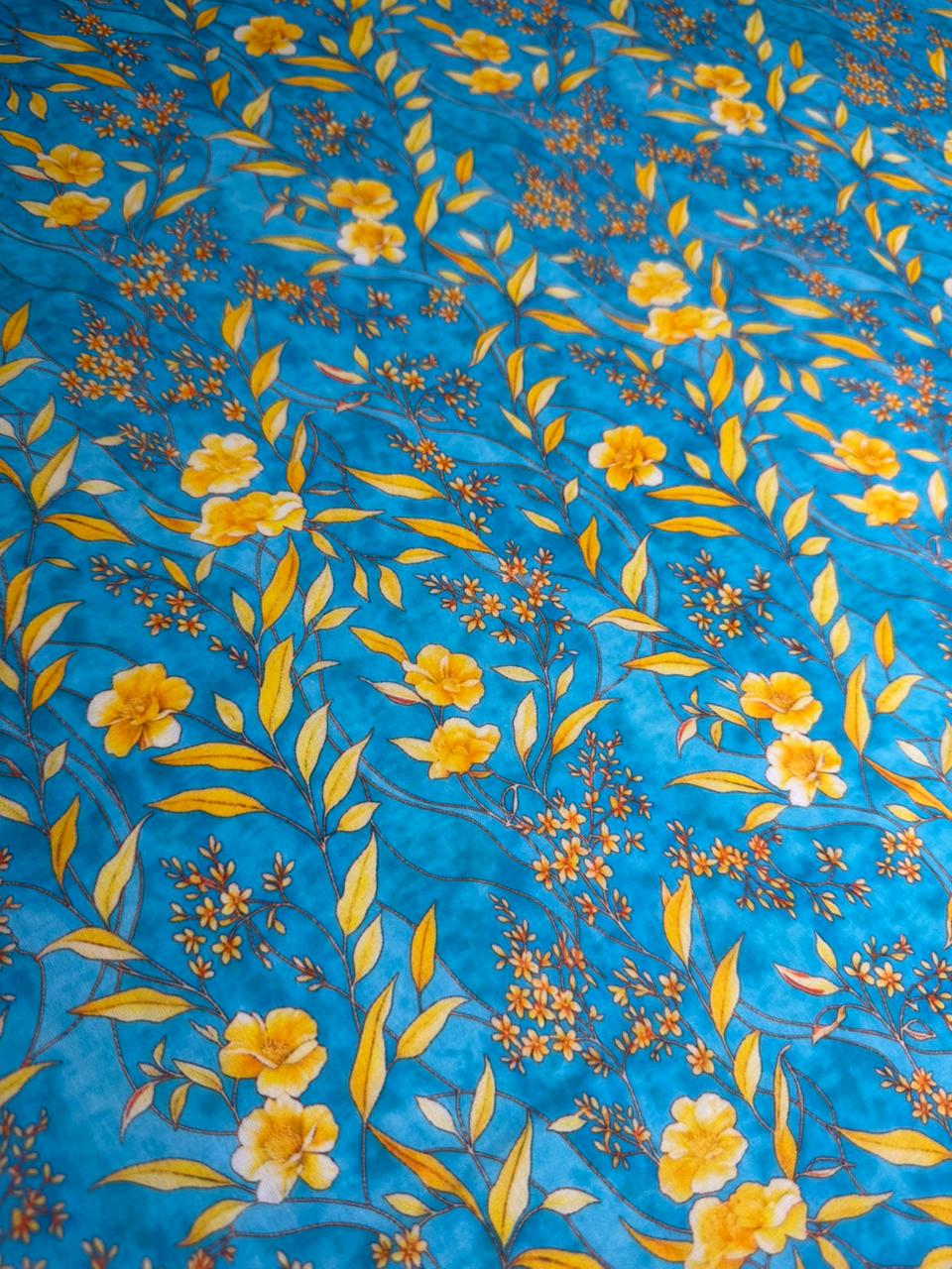 Blue fabric with yellow floral pattern
