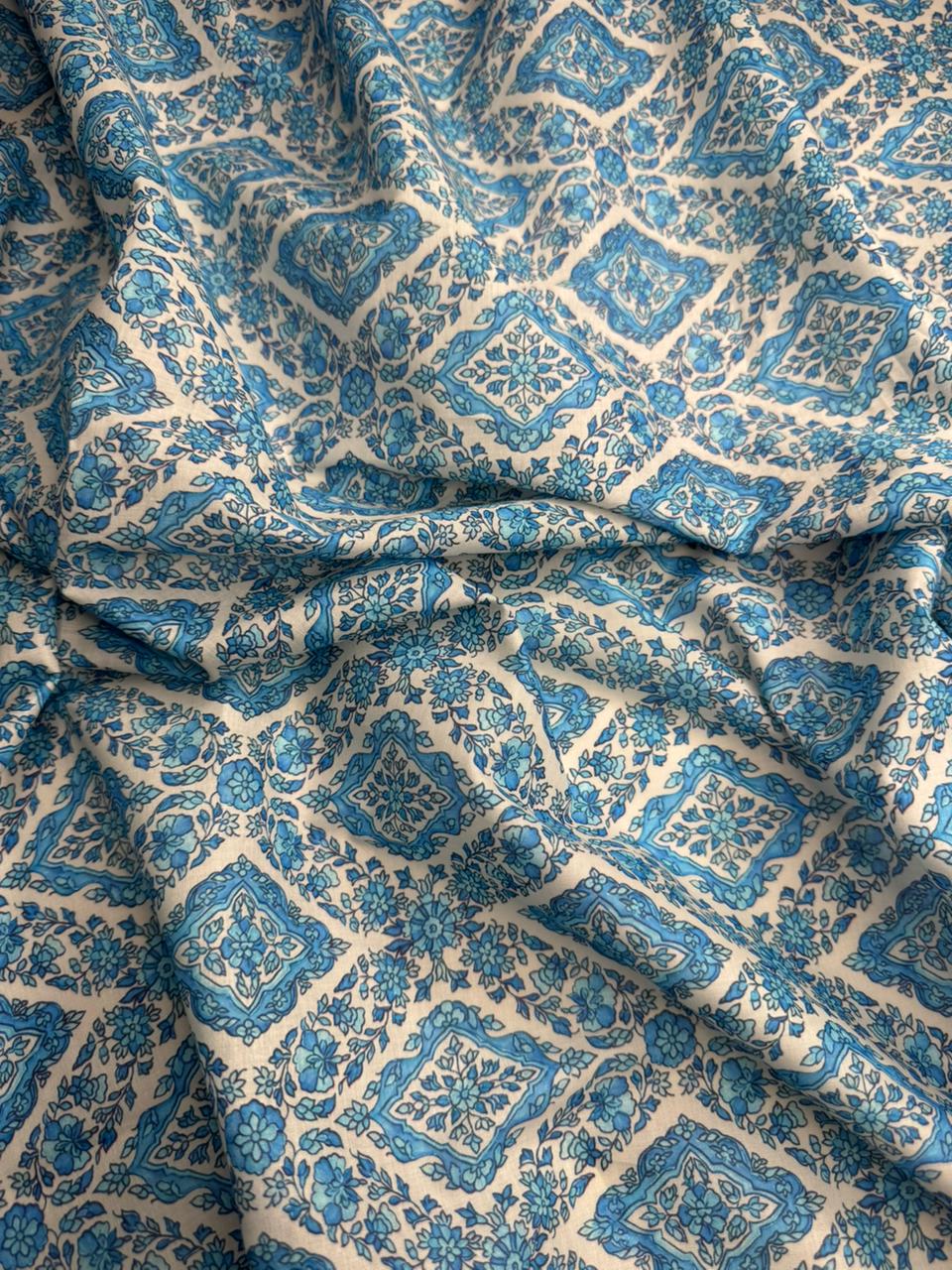 Close-up of blue and white patterned fabric