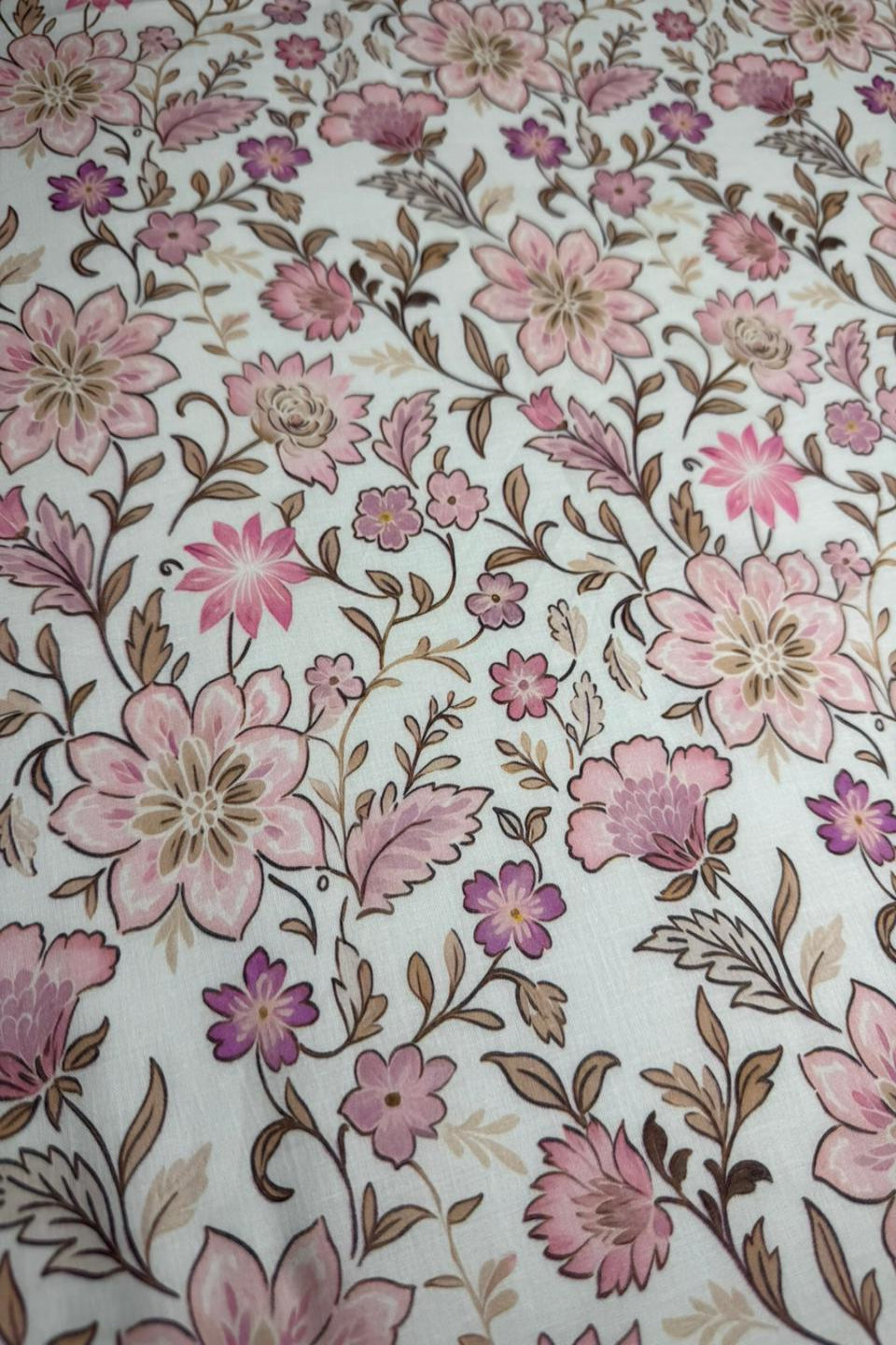 Floral pattern with pink and purple flowers on a white background