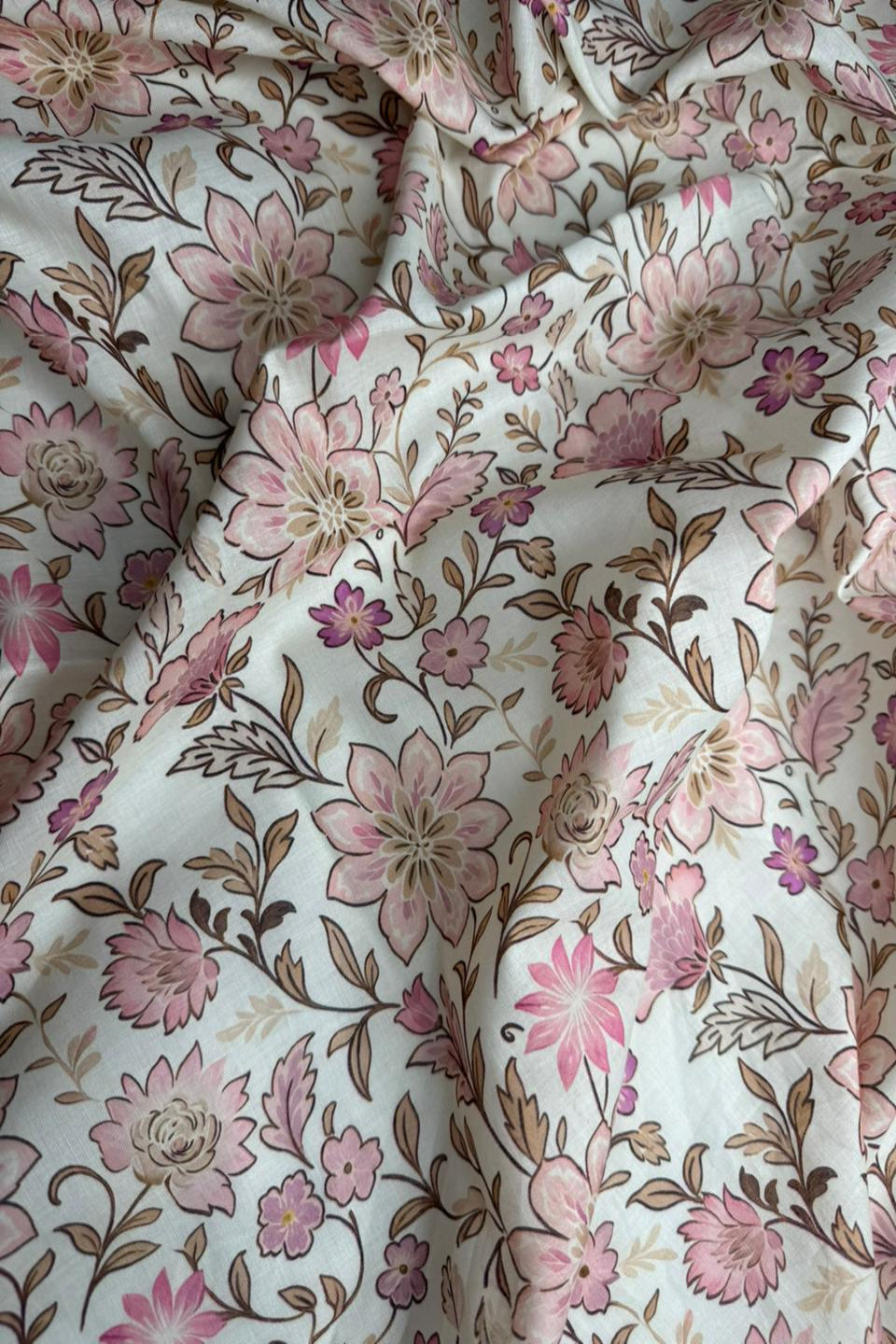 Floral fabric pattern with pink and brown flowers on a white background