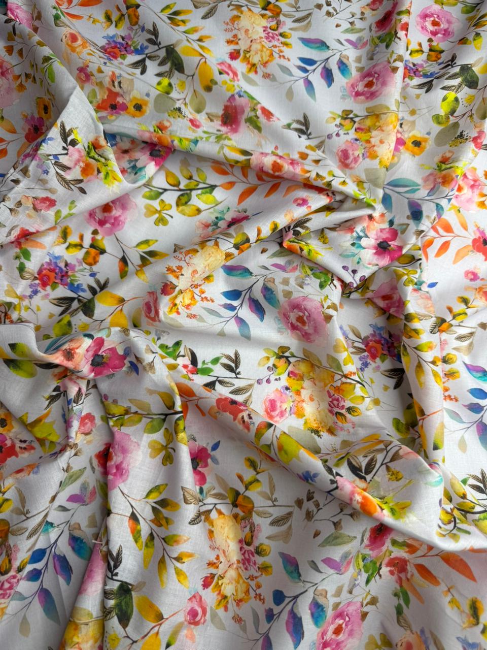 Floral fabric with colorful flowers on a white background