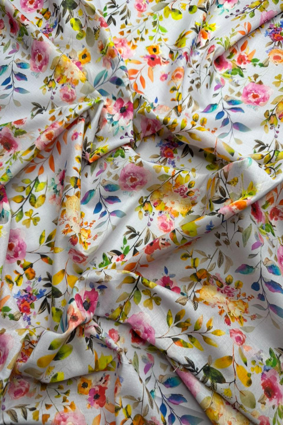 Colorful floral fabric with a white background