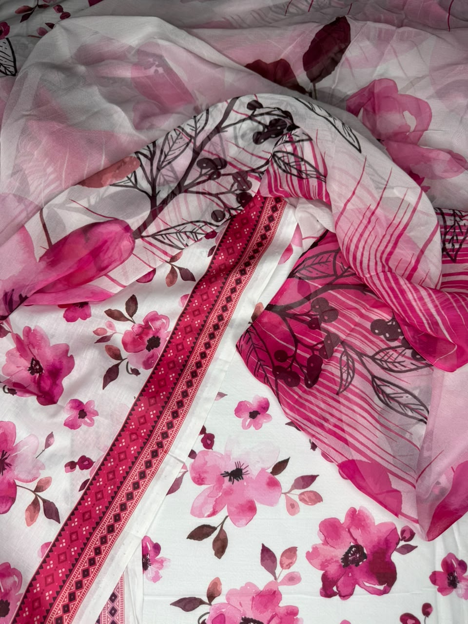 Anmol Luxe Unstitched Lawn 3 Piece Suit | All Over Print + Pure Bamber Chiffon Dupatta