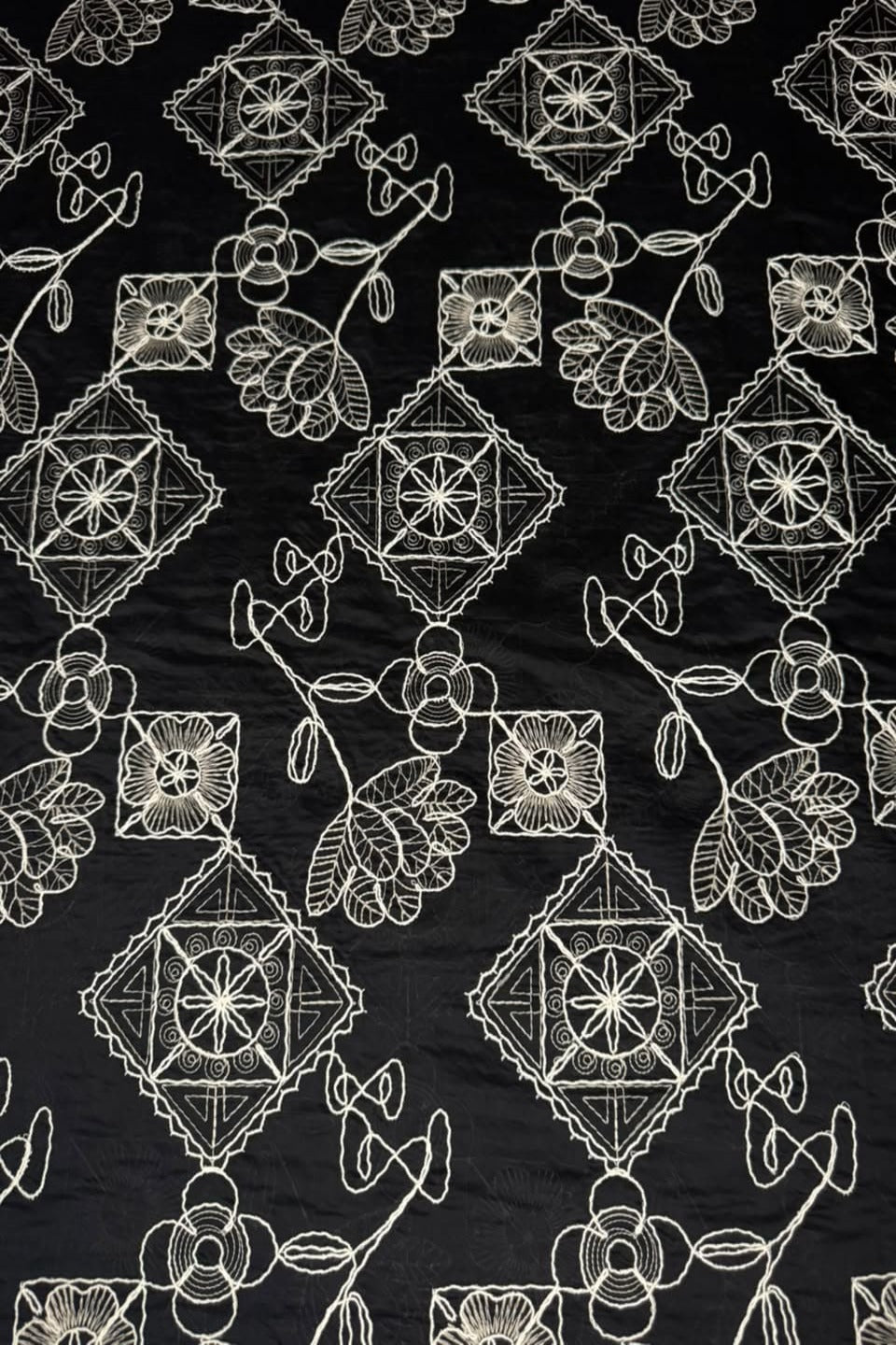 Printed Embroidered Paper Silk Chikankari Unstitched Shirt - Black & White