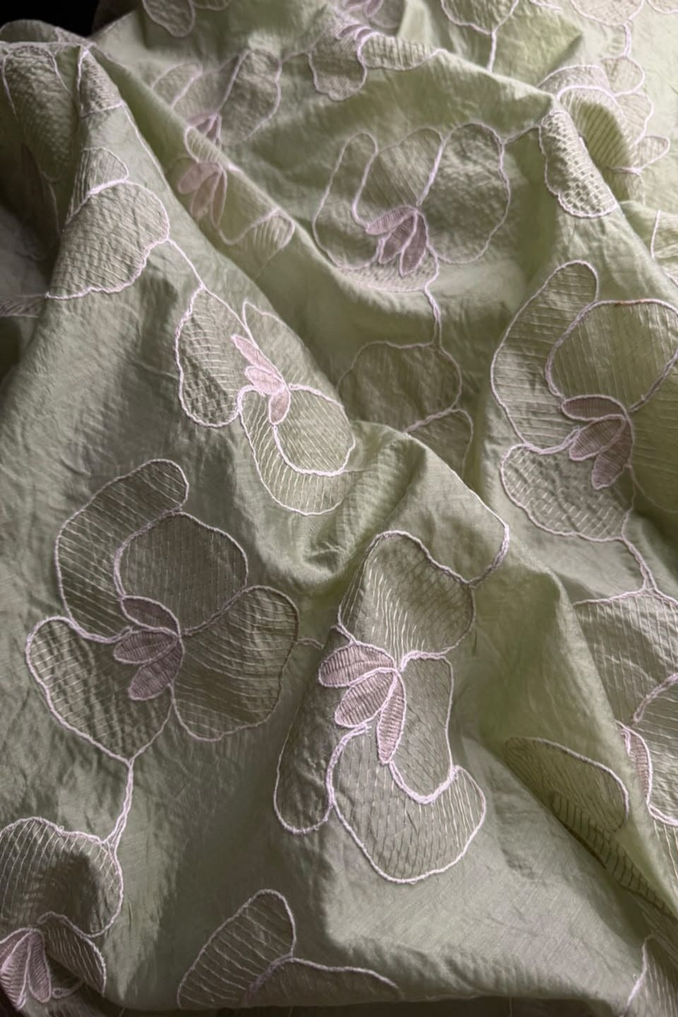 Printed Embroidered Paper Silk Chikankari Unstitched Shirt - Olive Green
