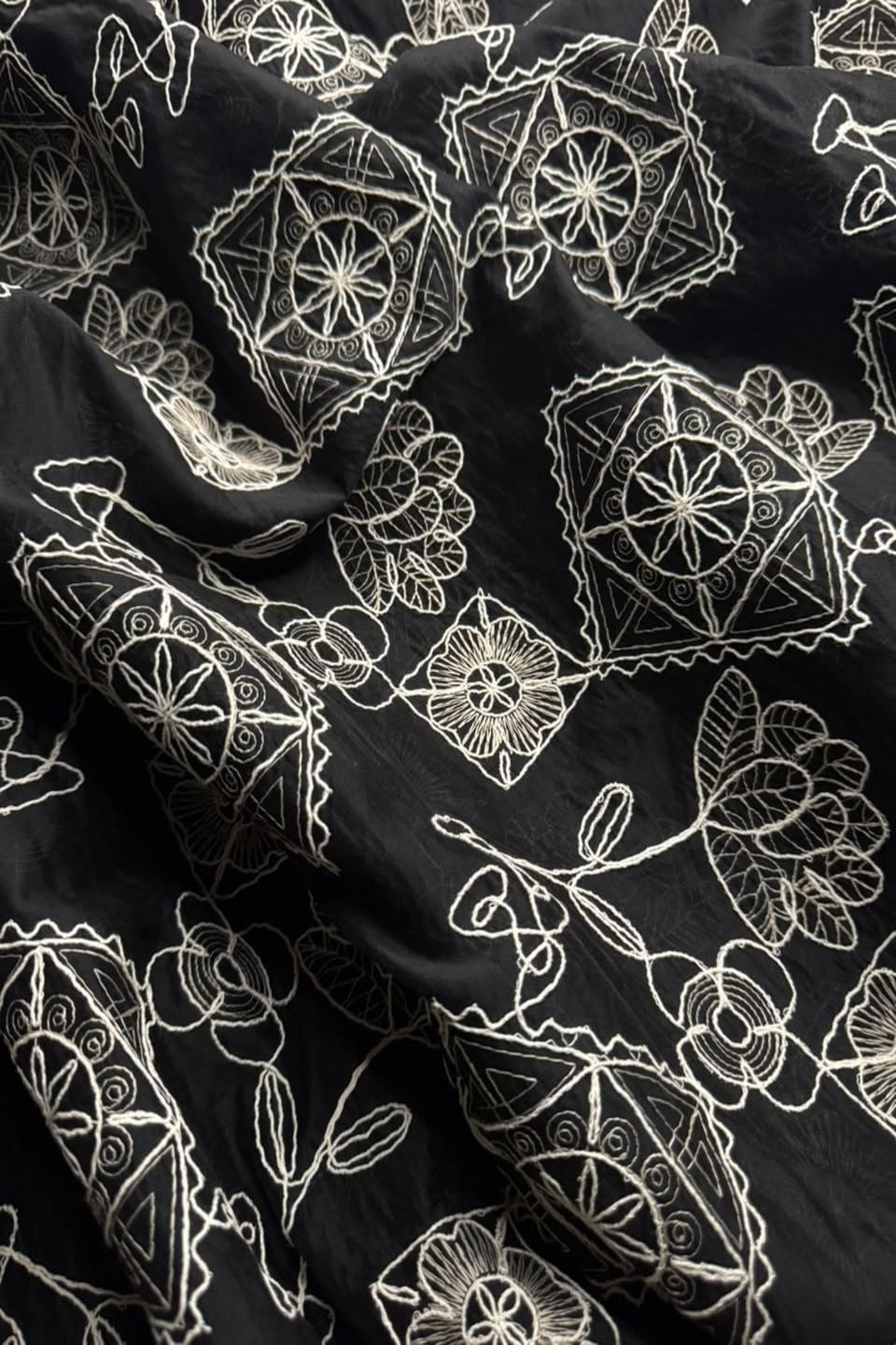 Printed Embroidered Paper Silk Chikankari Unstitched Shirt - Black & White