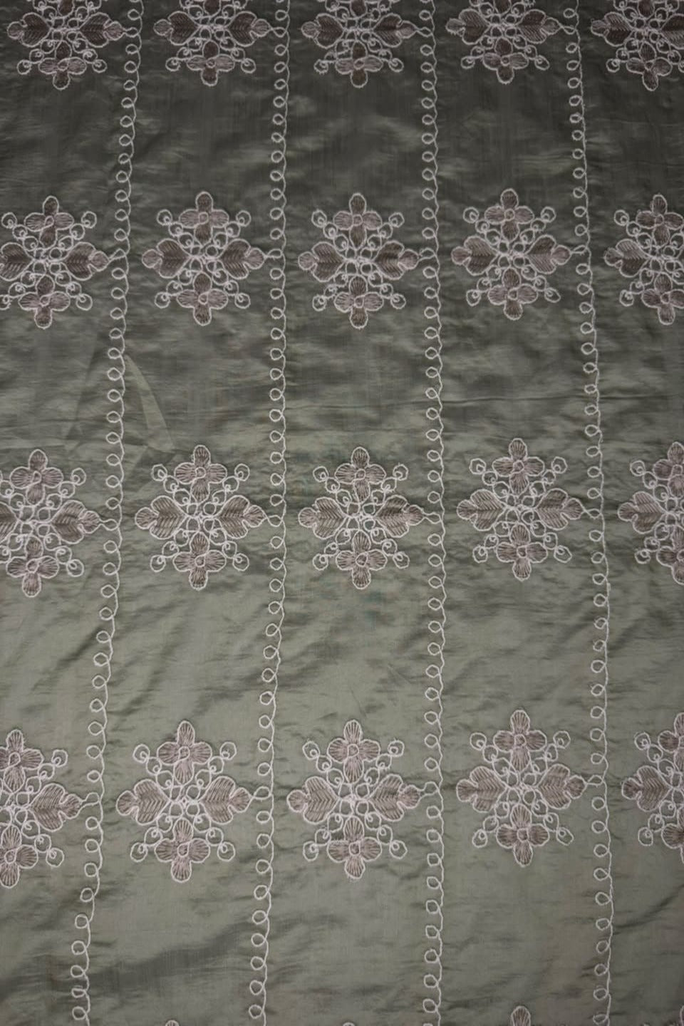 Printed Embroidered Paper Silk Chikankari Unstitched Shirt - Greyish Olive