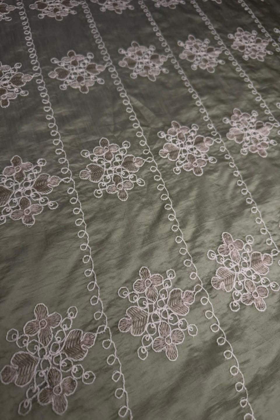 Printed Embroidered Paper Silk Chikankari Unstitched Shirt - Greyish Olive