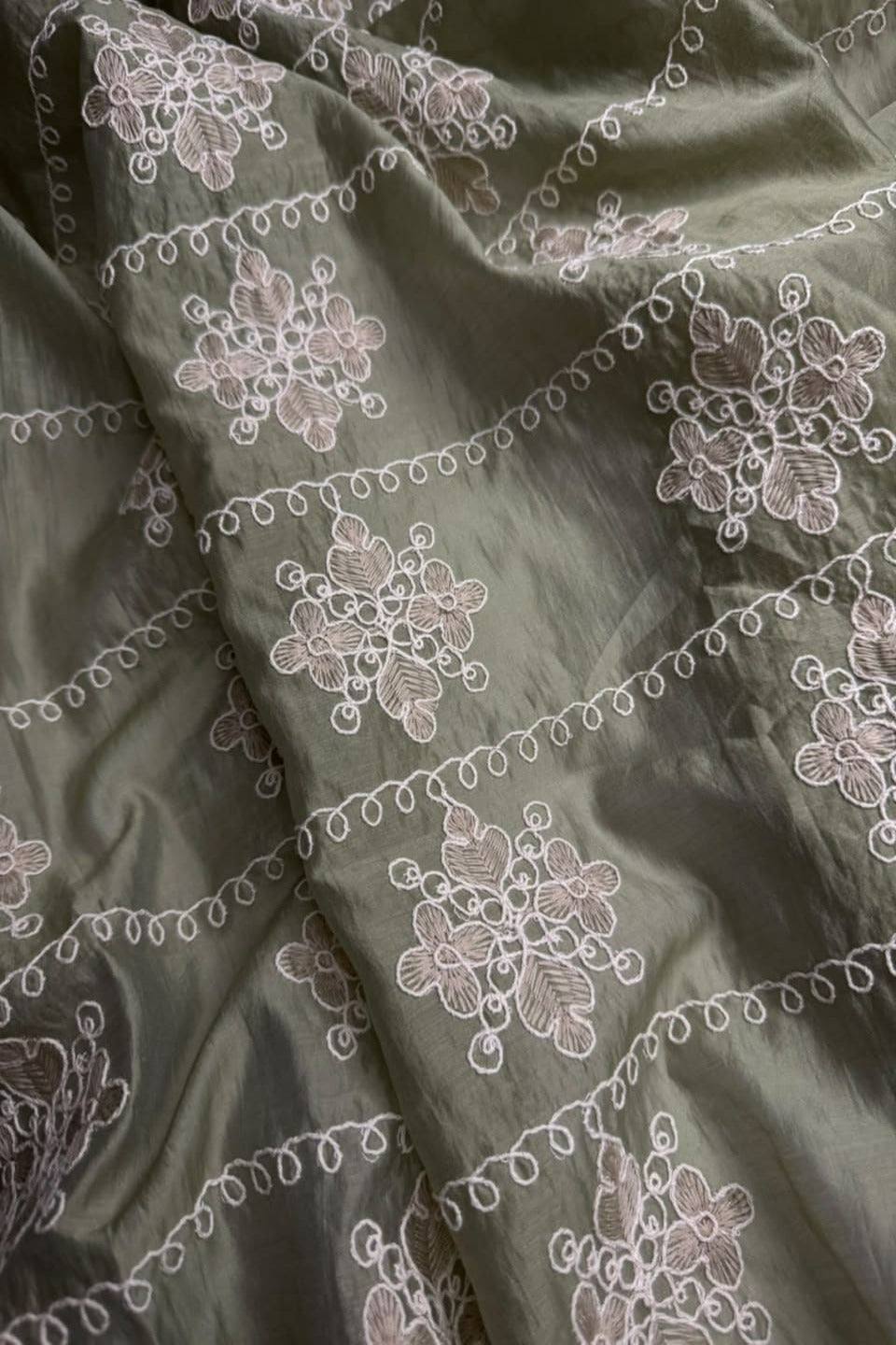 Printed Embroidered Paper Silk Chikankari Unstitched Shirt - Greyish Olive