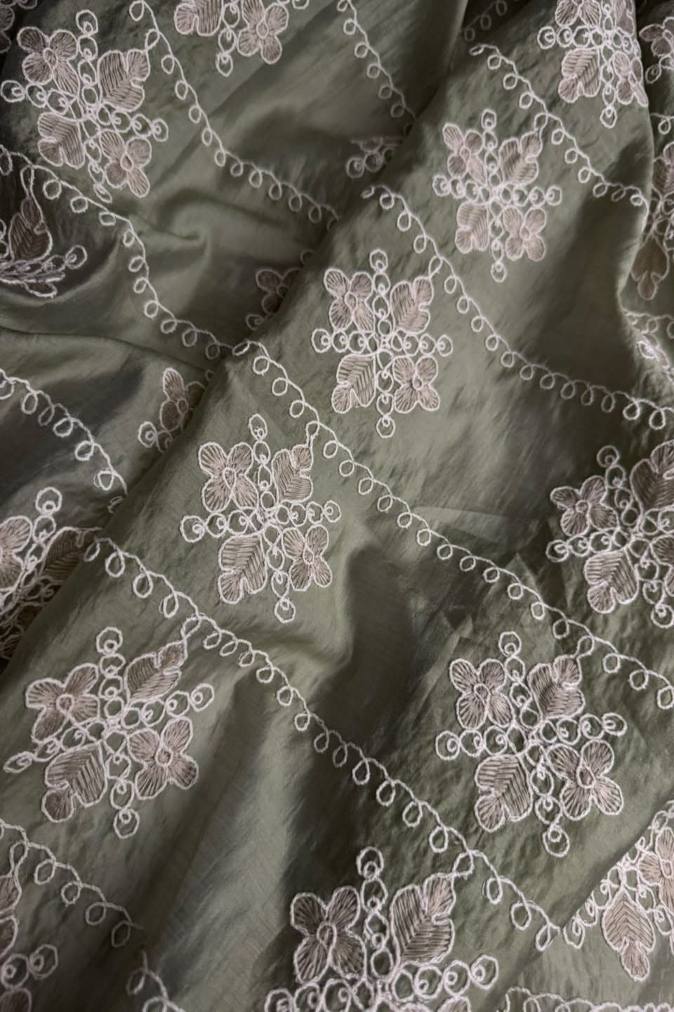 Printed Embroidered Paper Silk Chikankari Unstitched Shirt - Greyish Olive