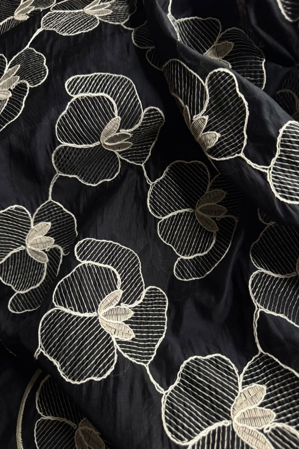 Printed Embroidered Paper Silk Chikankari Unstitched Shirt - Midnight Black