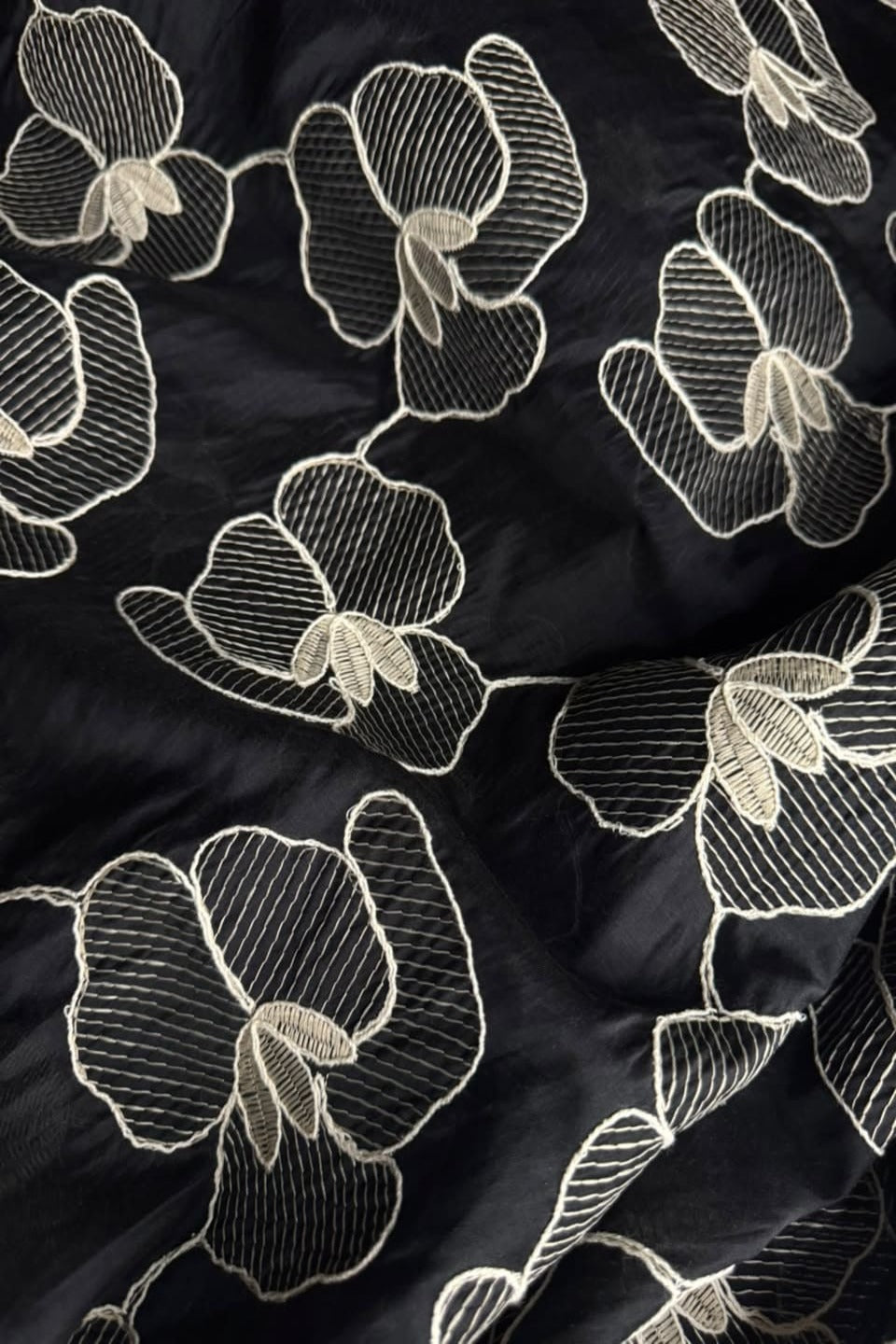 Printed Embroidered Paper Silk Chikankari Unstitched Shirt - Midnight Black