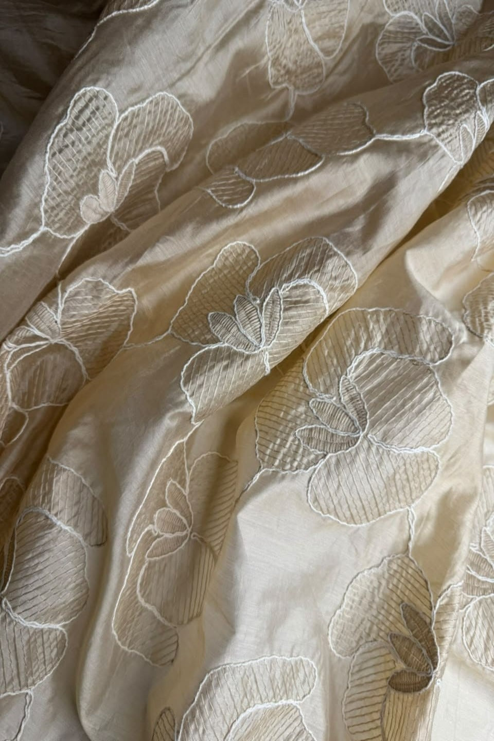 Printed Embroidered Paper Silk Chikankari Unstitched Shirt - Cream Gold
