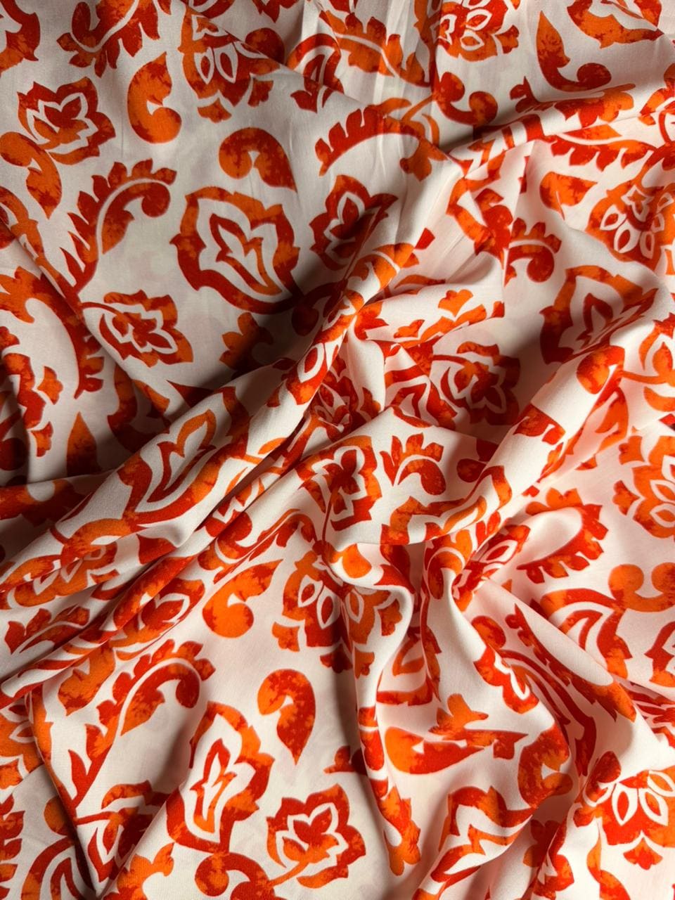Luxury Imported Stone Linen – Classic Floral Damask Printed Fabric in Rust Orange (4 Yards)