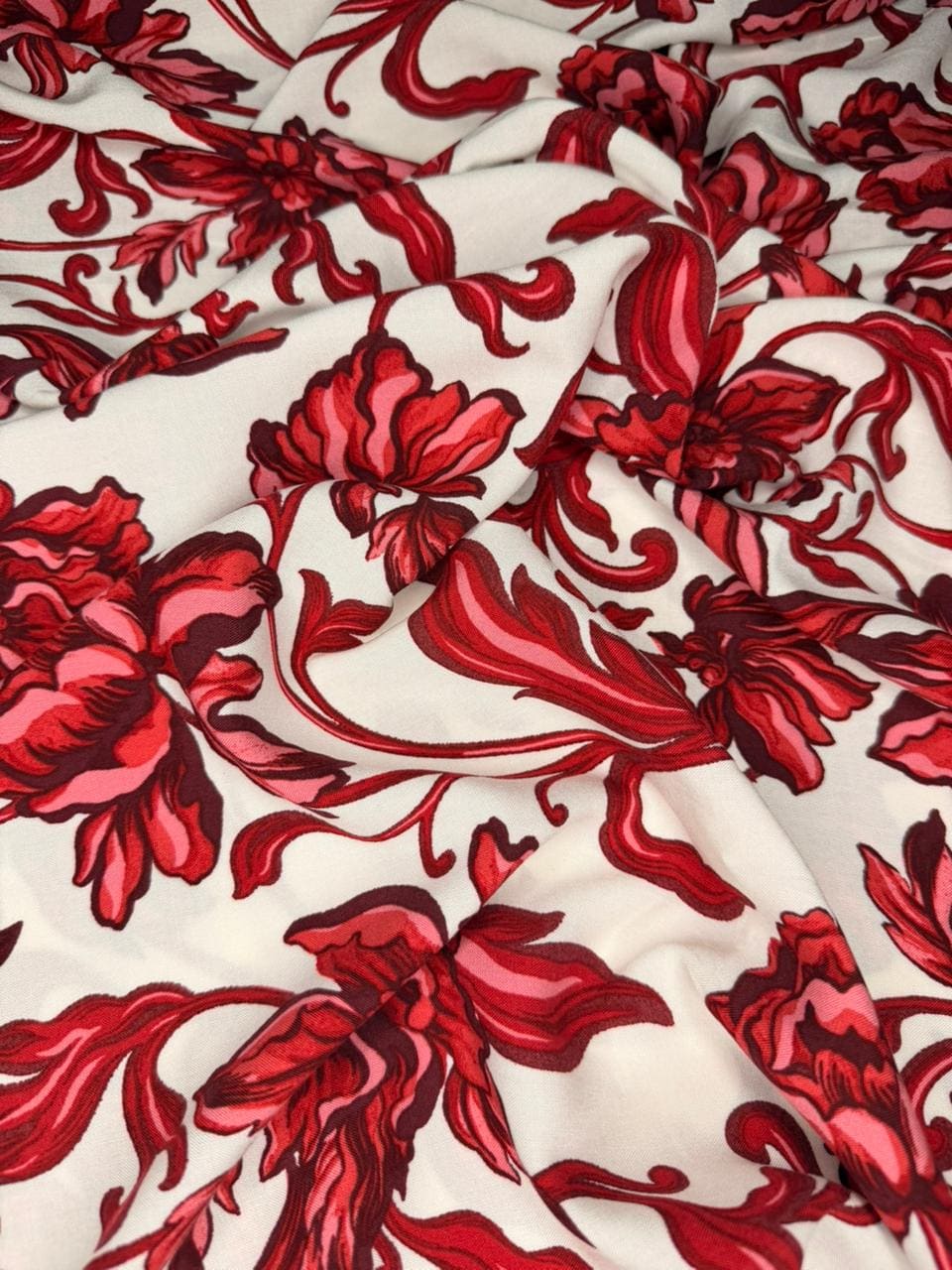 Luxury Imported Stone Linen – Bold Crimson Red Floral Printed Fabric (4 Yards)