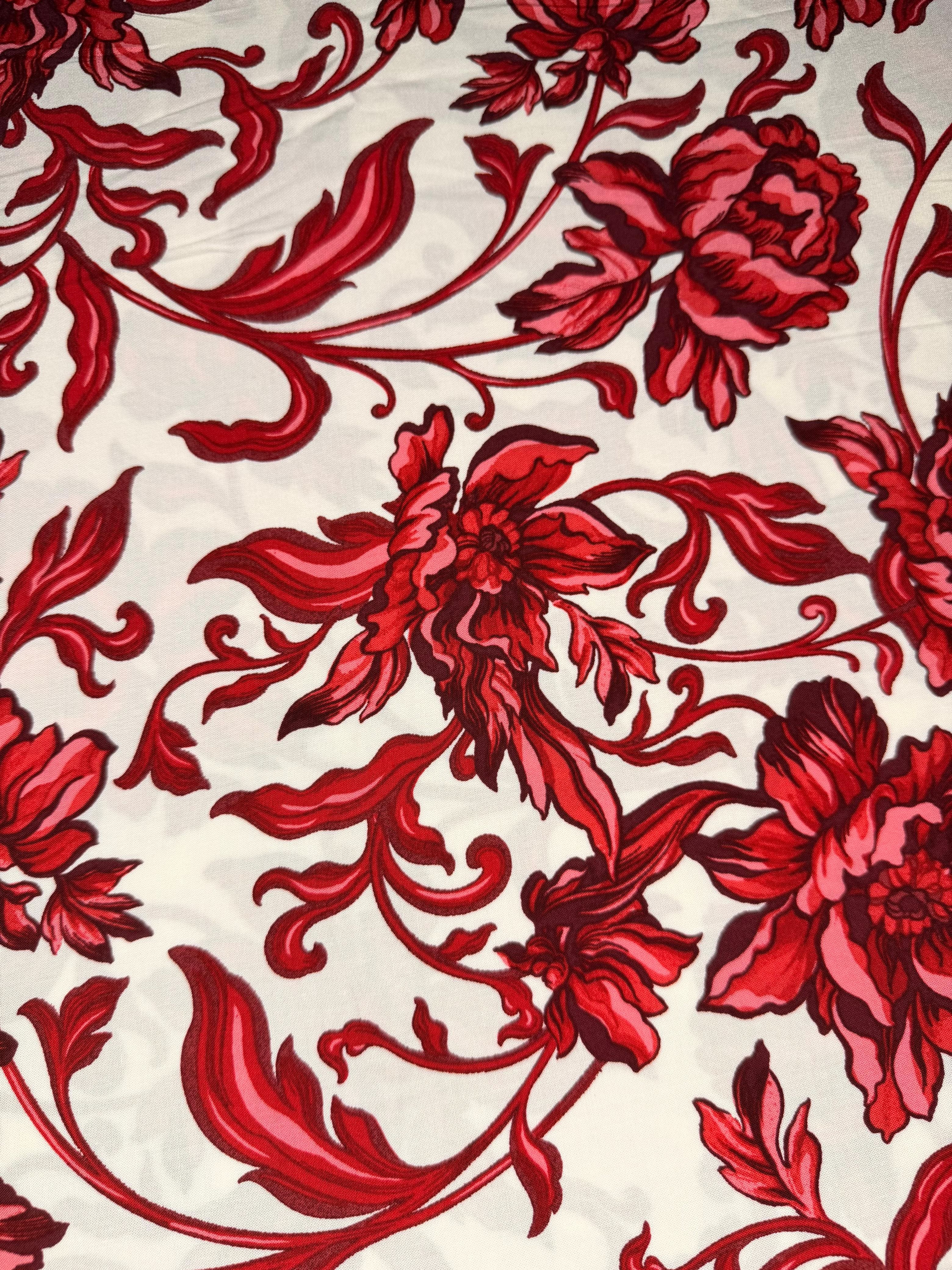Luxury Imported Stone Linen – Bold Crimson Red Floral Printed Fabric (4 Yards)