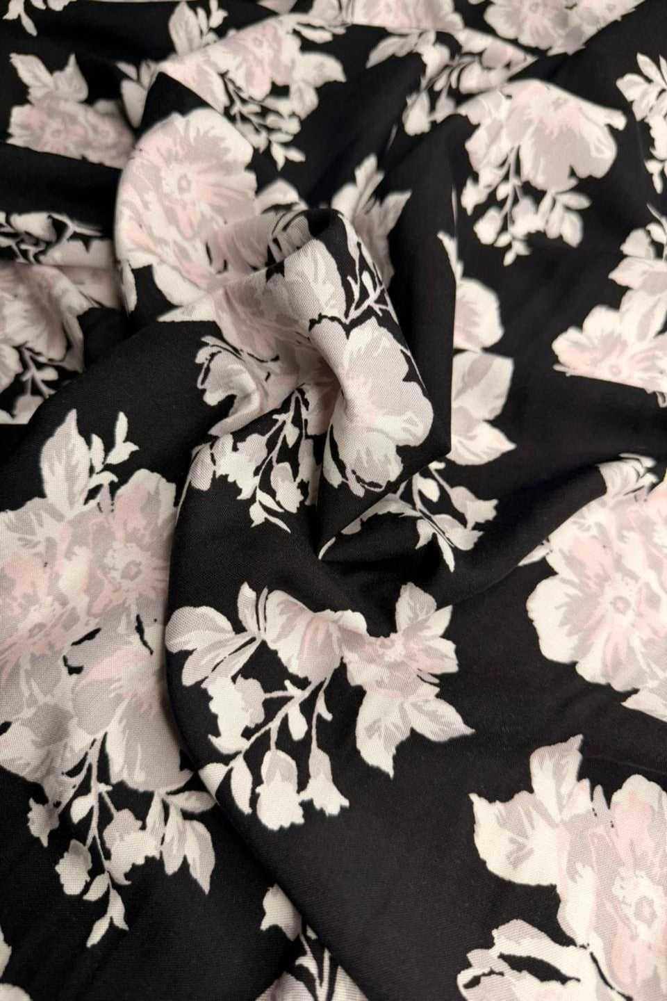Luxury Imported Stone Linen – Soft Pink Floral Printed Fabric in Black (4 Yards)